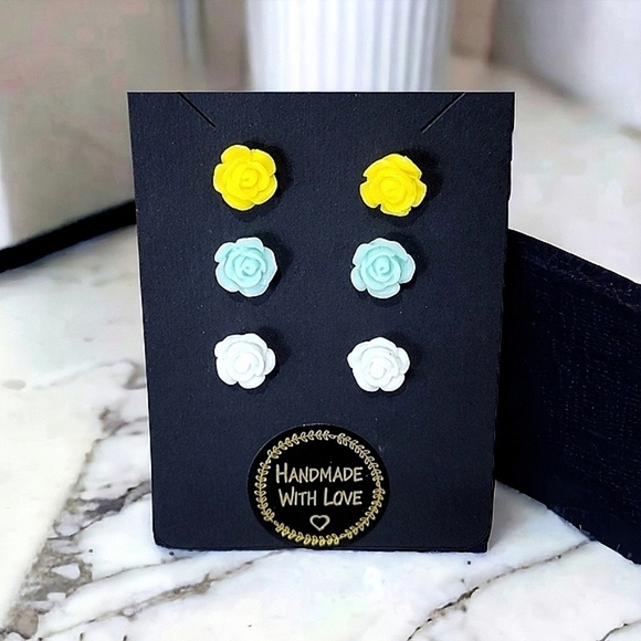 Handcrafted Nature-Inspired Mini Rose Earrings Set Of Three - Picture 1 of 3